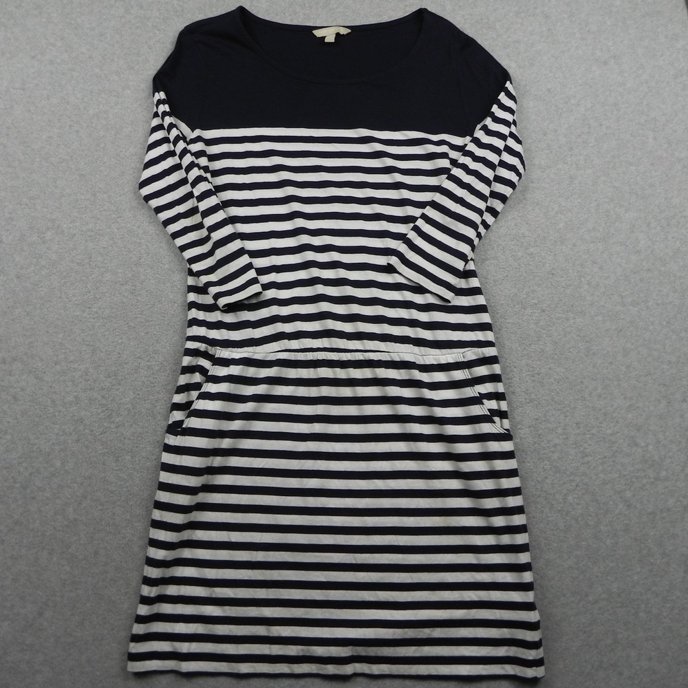 Banana Republic Dress Womens Medium Jersey Shift Navy Blue Striped 3/4 Sleeve